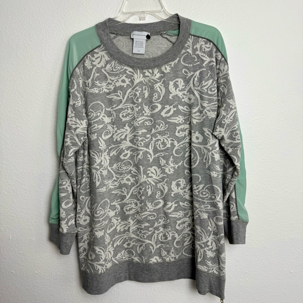 Soft Surroundings Floral Sweatshirt Anthropologie Light Grey White Sweater Aqua